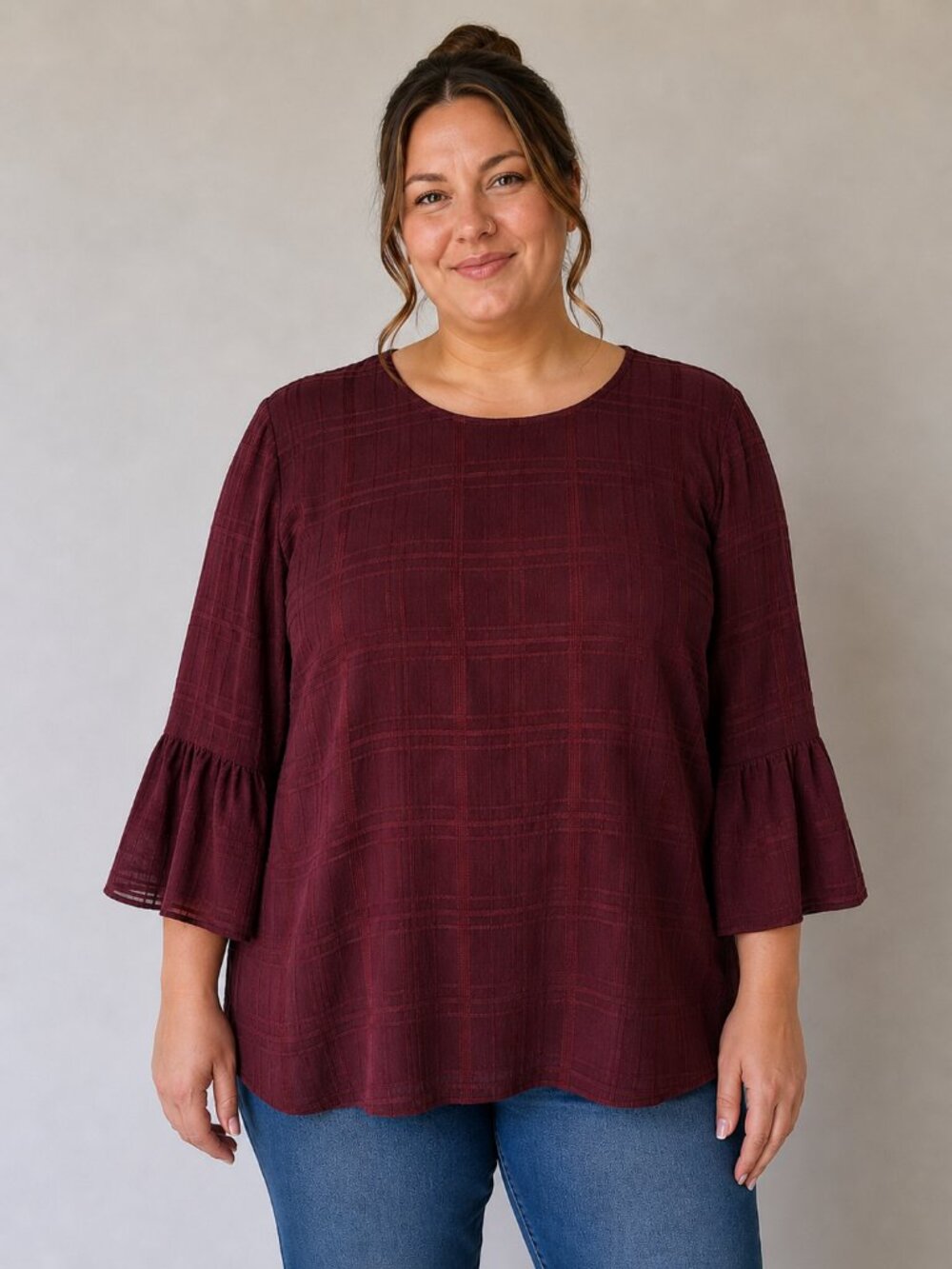 Elle Women’s XL Burgundy Plaid Bell Sleeve Blouse Textured Work Top